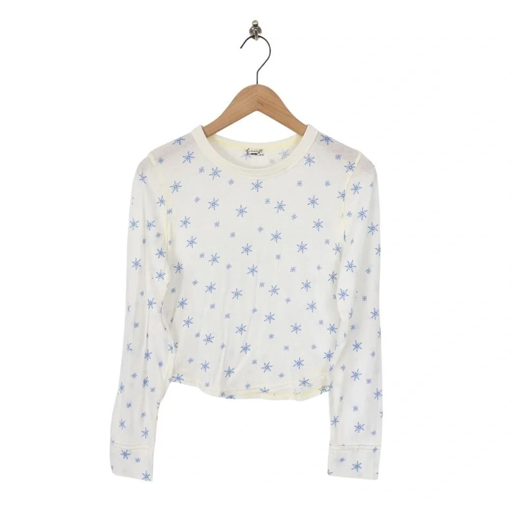 Free People Intimately Quilted Love Long Sleeves Snowflake Ivory Cropped Top S